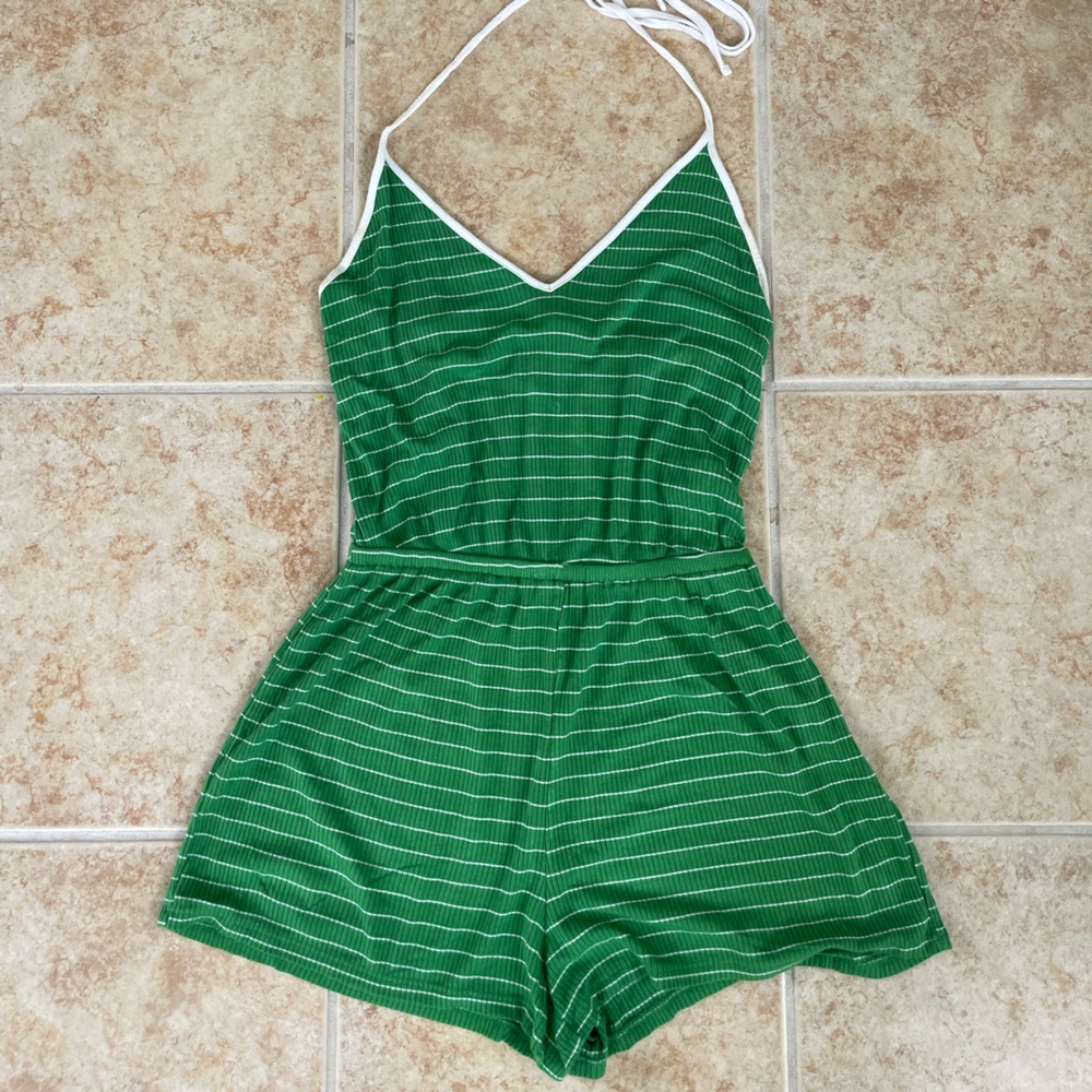 Forever 21 Green and White Striped Halter Romper